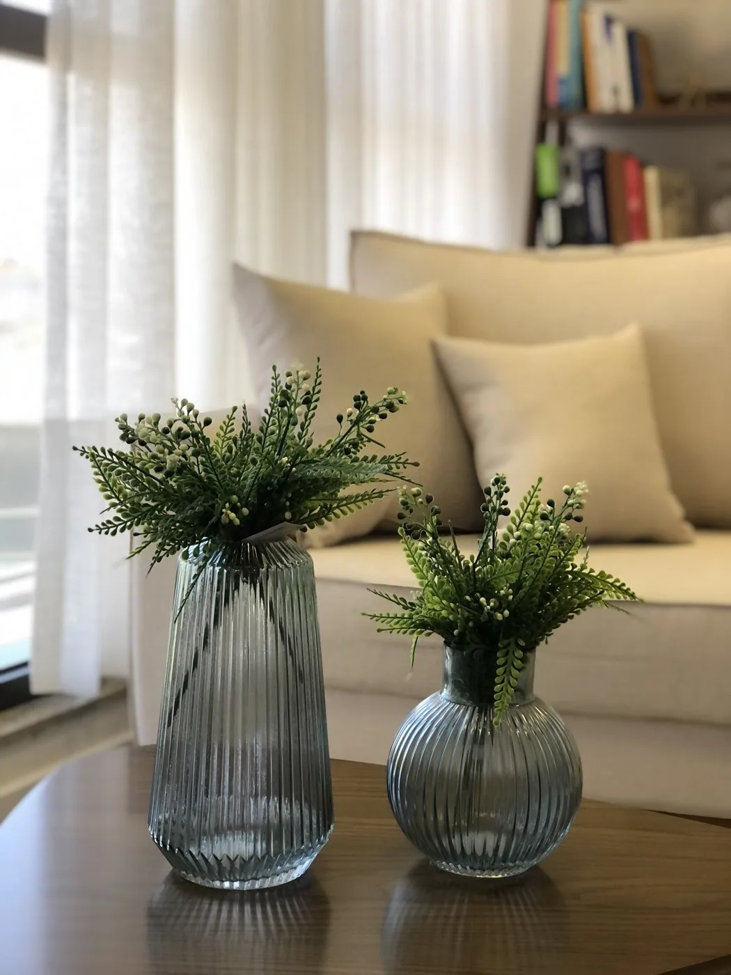 Vasos de vidro com plantas sobre mesa de madeira